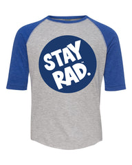 classic stay rad logo shirt - youth heather gray/royal baseball