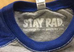 classic stay rad logo shirt - youth heather gray/royal baseball