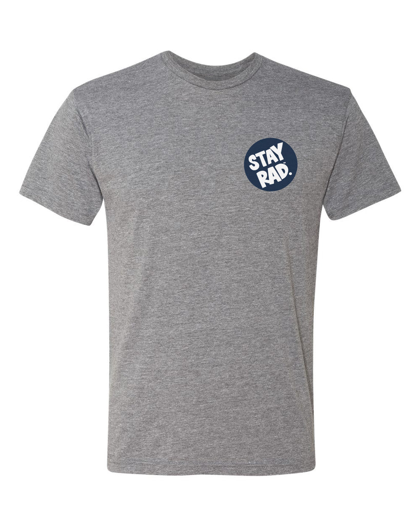 MENS/UNISEX stay rad circle logo shirt (front/back) - heather gray