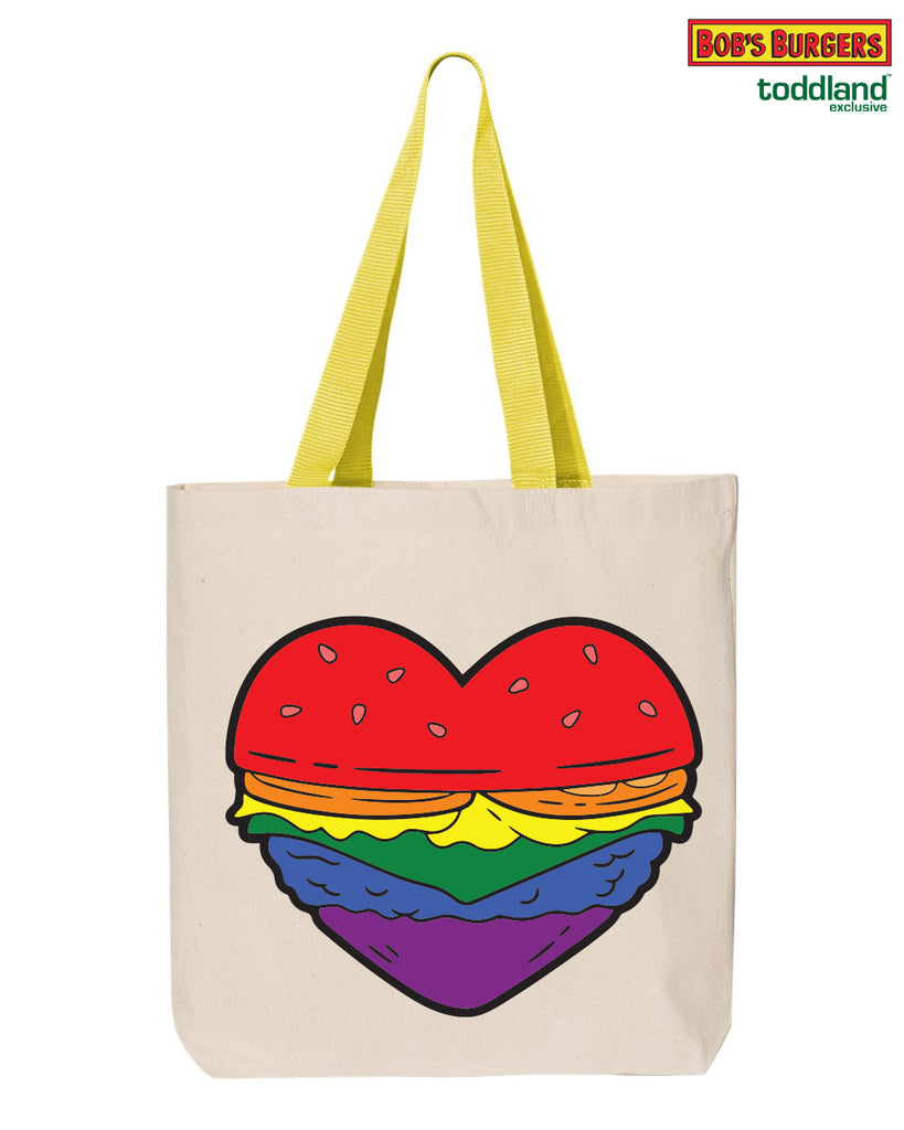 2026 Bob's Burgers Pride - Burger Heart Heavy Grocery Tote (natural with yellow handles)