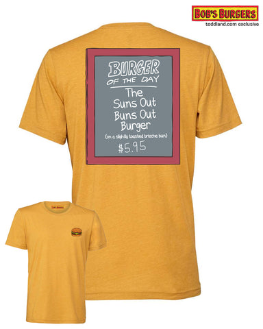 Bobs Burgers - Suns Out Buns Out Burger of the Day Tee - heather mustard
