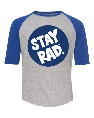 classic stay rad logo shirt - youth heather gray/royal baseball