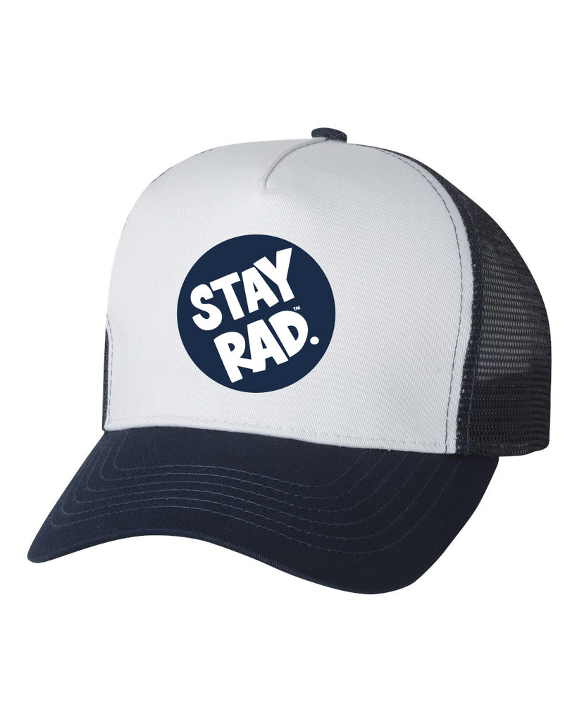 stay rad logo cap - white front panel navy trucker